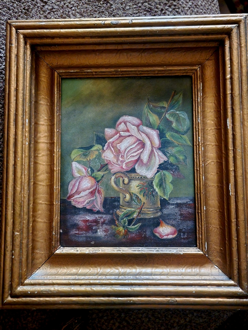 Vintage Painting: Pink Roses with Gold Frame